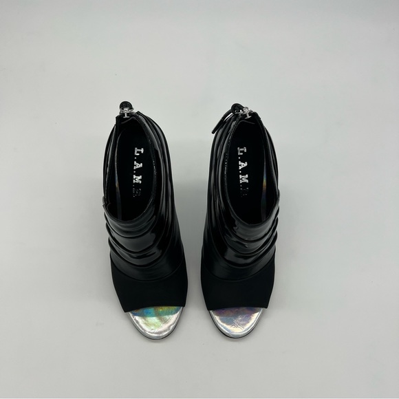 L.A.M.B. Black Leather Peep Toe Ankle Booties Silver Stiletto Heel Zip 6.5 - Picture 12 of 13